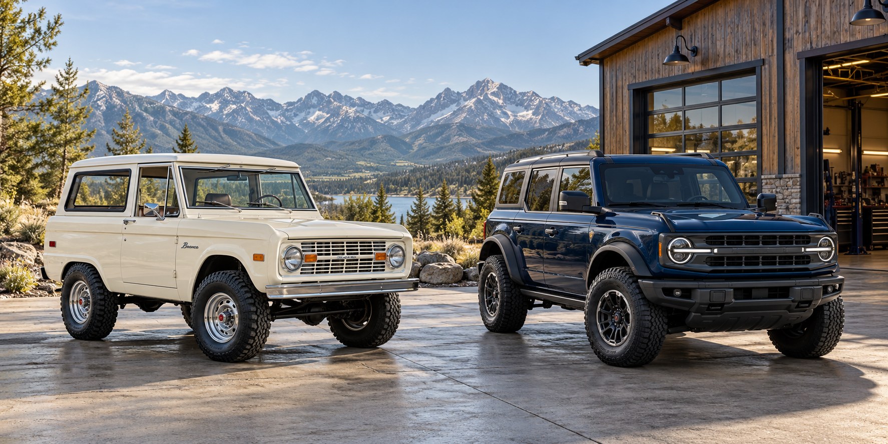 Classic and modern Broncos outside a workshop